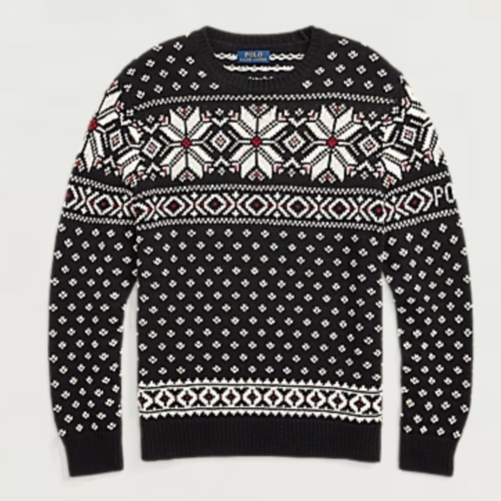 Polo Ralph Lauren Mens Black Fair Isle Cotton Cashmere Snowflake Sweater L - Picture 1 of 12